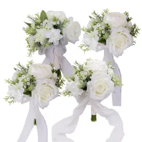 Bencentre 738866522618 7 Inch White And Greenery Bridesmaid Bouquet For Wedding Set Of 4 Small Weddi