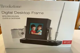 605246 Brookstone My Life Digital Desktop Frame With Pen Holder Clock And Calendar
