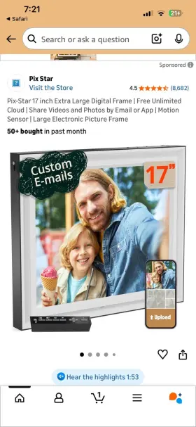 858976649 Pix-star 17 Wi-fi Digital Photo Frame White Motion Sensor Cloud App Sync
