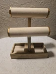Natural Tones Gold Trim Wood Canvas Jewelry Display Organizer Rings Necklaces.... Fixed Price $29.99.