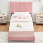 Pink Velvet Twin Bed Frame With Wavy Headboard, No Box Spring Needed. Fixed Price $246.99.